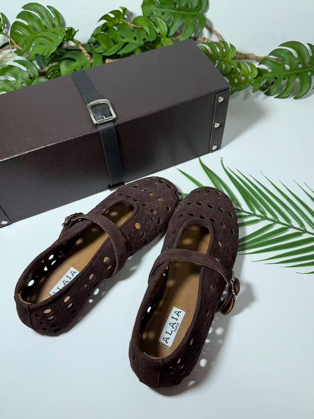 Alaia Chocolate Brown Perforated Suede Mary Jane Flats